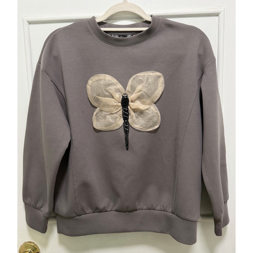 Women's Gray Long Sleeve Pull Over Sweater Top Sweatshirt Size Small Butterfly